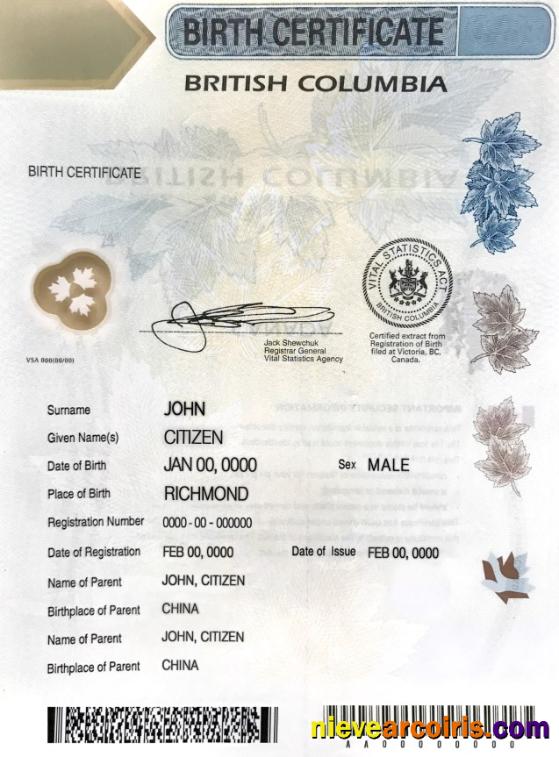 Canada British Columbia Birth Certificate